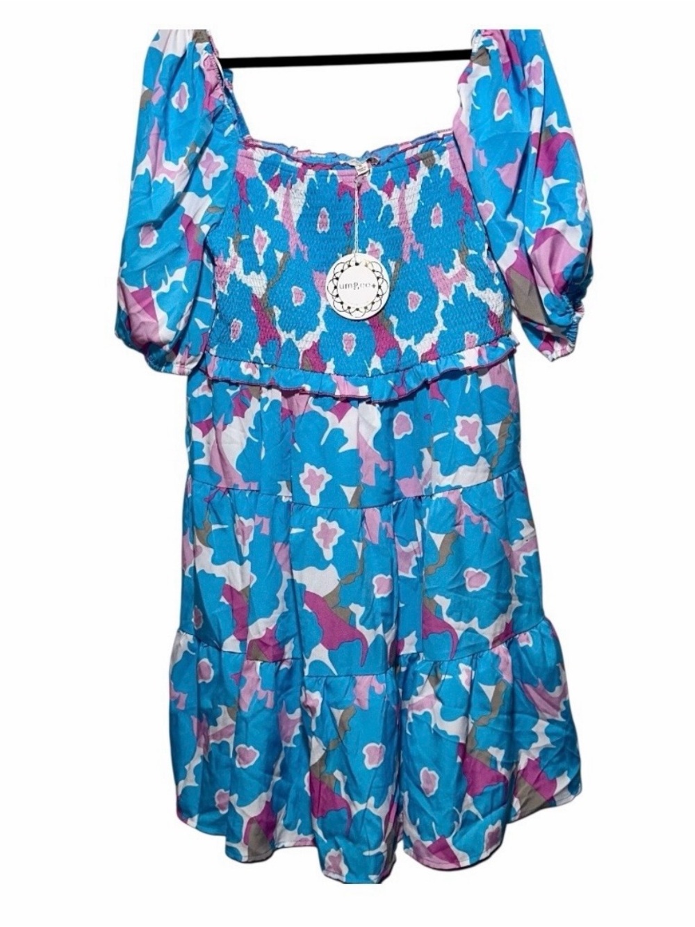 Umgee Blue & Pink Floral Puff-Sleeve Tiered Midi Dress